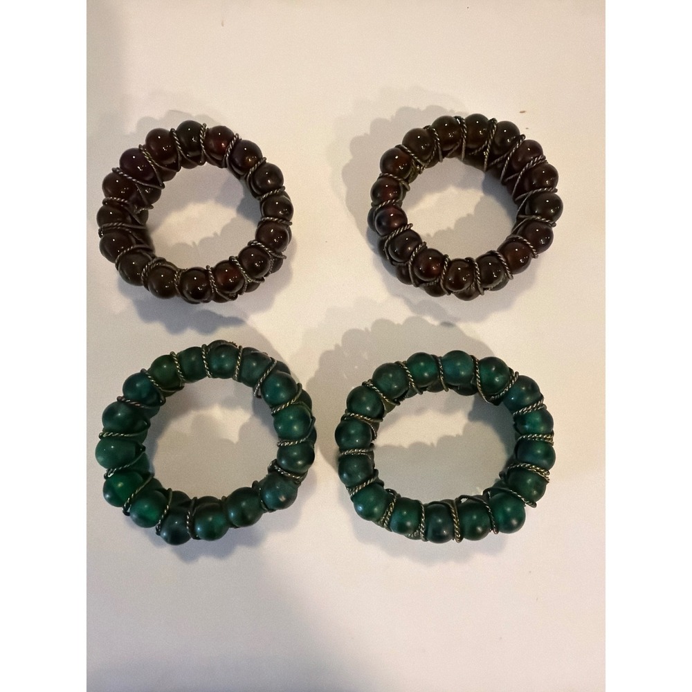 Set of 4 Vintage resin Bead Wire Wrapped Napkin Rings Brown Green Rustic Decor